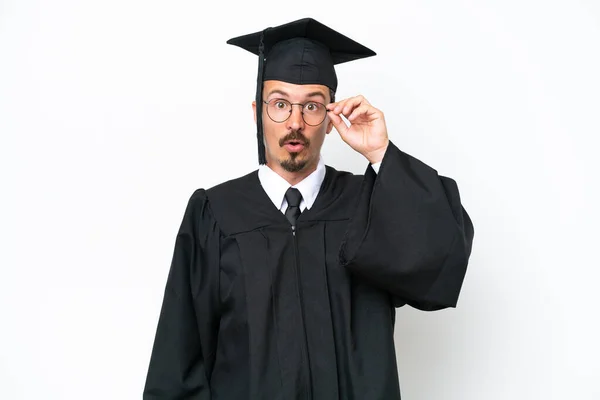 Young University Graduate Man Isolated White Background Glasses Surprised — Foto Stock