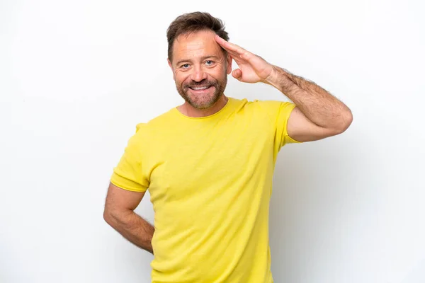 Middle Age Caucasian Man Isolated White Background Saluting Hand Happy — Stockfoto