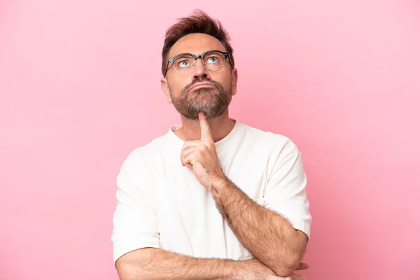 Middle Age Caucasian Man Isolated Pink Background Glasses Looking — Stock Photo, Image
