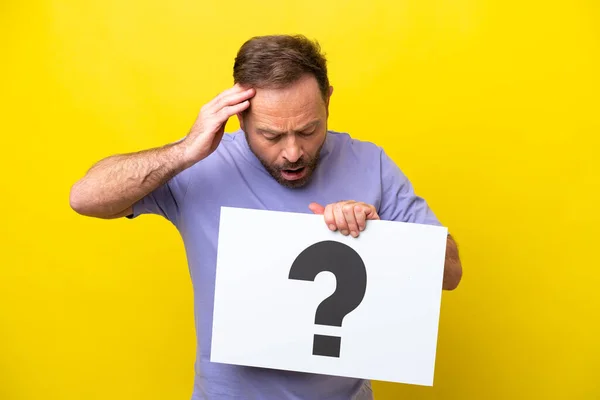 Middle Age Caucasian Man Isolated Yellow Background Holding Placard Question — Foto de Stock