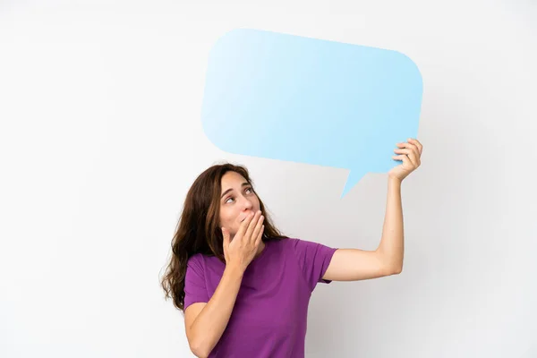 Young Caucasian Woman Isolated White Background Holding Empty Speech Bubble — Stock Photo, Image