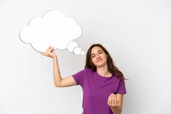 Young Caucasian Woman Isolated White Background Holding Thinking Speech Bubble — Stock Photo, Image