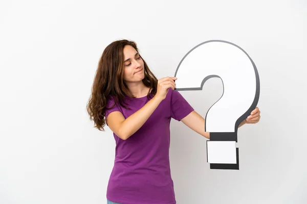 Young Caucasian Woman Isolated White Background Holding Question Mark Icon — Stock Photo, Image