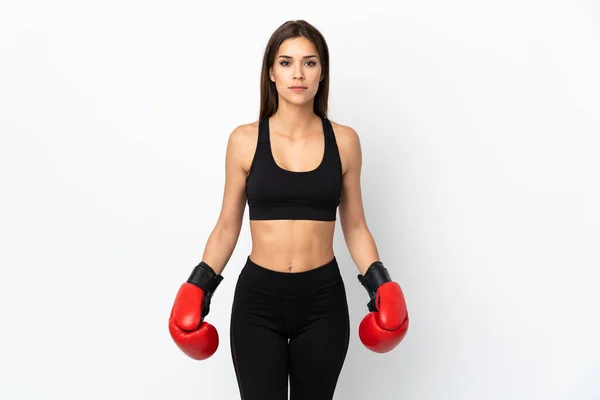 Mladý Sport Žena Izolované Bílém Pozadí Boxerskými Rukavicemi — Stock fotografie
