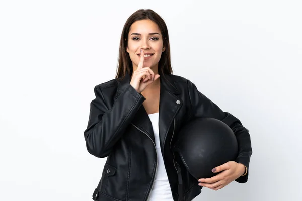 Caucasian Girl Holding Motorcycle Helmet White Background Doing Silence Gesture — Stockfoto