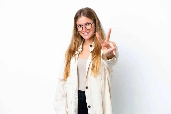 Mujer Rubia Joven Aislada Sobre Fondo Blanco Sonriendo Mostrando Signo —  Fotos de Stock