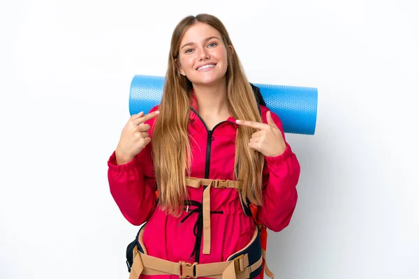 Joven Montañista Con Una Gran Mochila Sobre Fondo Blanco Aislado —  Fotos de Stock