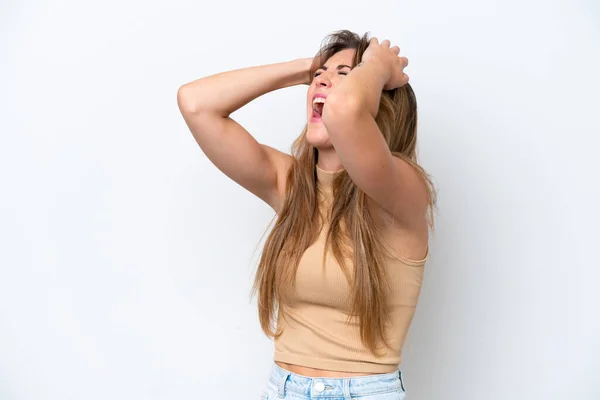 Ung Kaukasisk Kvinna Isolerad Vit Bakgrund Stressad Överväldigad — Stockfoto