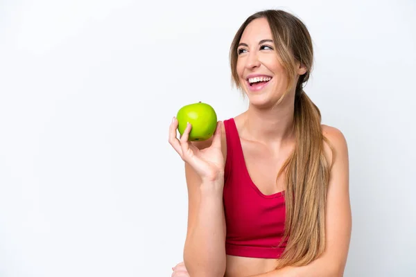 Young Caucasian Woman Isolated White Background Apple Happy — Stock Photo, Image