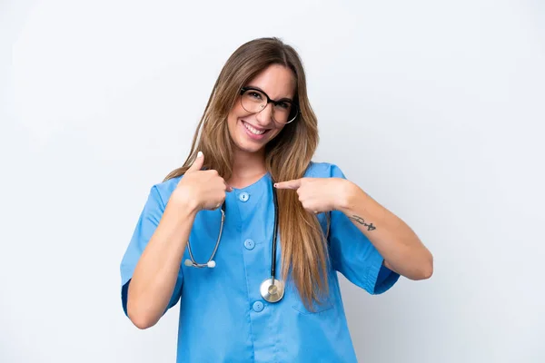 Young Surgeon Doctor Woman Isolated Blue Background Surprise Facial Expression — ストック写真