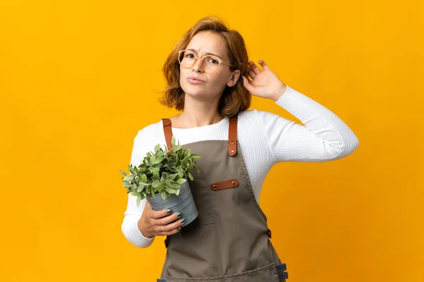 Giovane Donna Georgiana Possesso Una Pianta Isolata Sfondo Giallo Con — Foto Stock