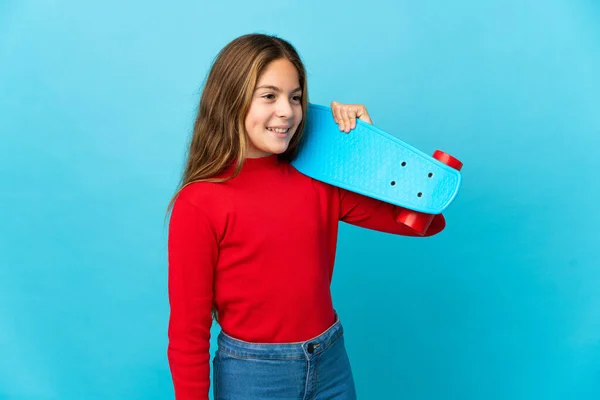 Little Girl Isolated Blue Background Skate — Stock Photo, Image