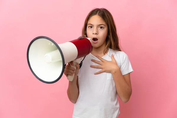 Child Isolated Pink Background Shouting Megaphone Surprised Expression — Stock Photo, Image