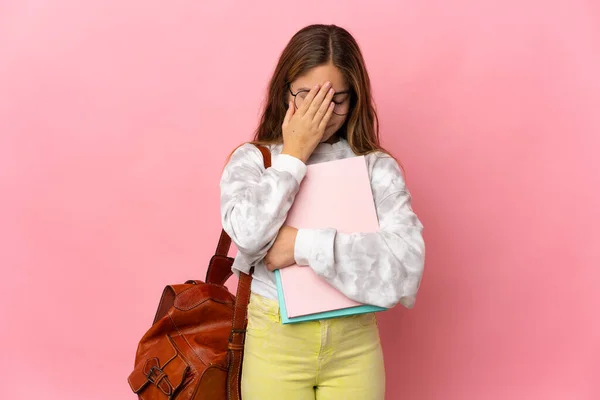 Student Kleines Mädchen Über Isoliertem Rosa Hintergrund Mit Müdem Und — Stockfoto