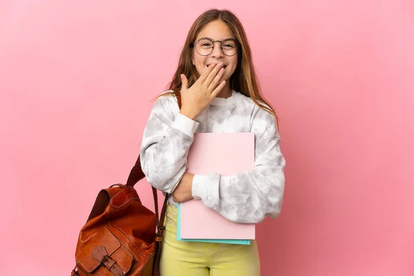 Student Kleines Mädchen Über Isoliertem Rosa Hintergrund Glücklich Und Lächelnd — Stockfoto