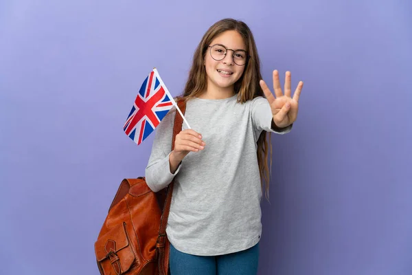 Dítě Držící Britskou Vlajku Nad Izolovaným Pozadí Šťastný Počítání Čtyři — Stock fotografie