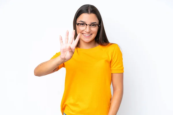Beyaz Arka Planda Izole Edilmiş Genç Beyaz Kadın Mutlu Parmaklarıyla — Stok fotoğraf