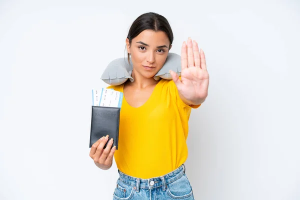 Woman Inflatable Travel Pillow Isolated Background Making Stop Gesture — Stock Photo, Image