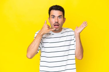 Soyutlanmış sarı arka planda genç yakışıklı bir adam telefon jesti yapıyor ve şüpheci