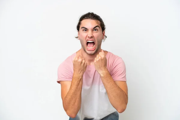 Caucásico Guapo Hombre Aislado Blanco Fondo Frustrado Por Una Mala — Foto de Stock