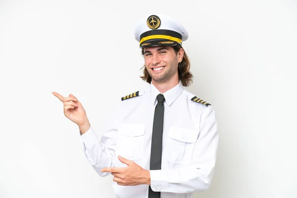 Handsome Airplane Pilot Isolated White Background Pointing Finger Side Presenting — 스톡 사진