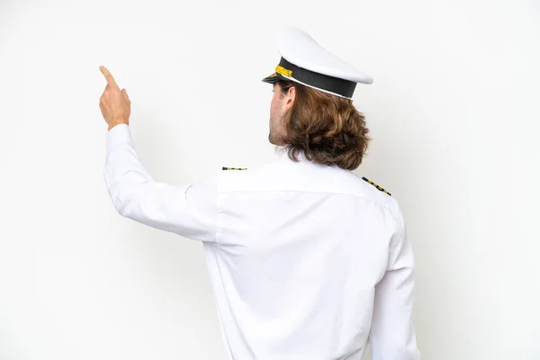 Knap Vliegtuig Piloot Geïsoleerd Witte Achtergrond Wijzend Terug Met Wijsvinger — Stockfoto