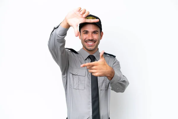 Joven Salvaguardar Hombre Sobre Fondo Blanco Aislado Enfocando Cara Símbolo —  Fotos de Stock