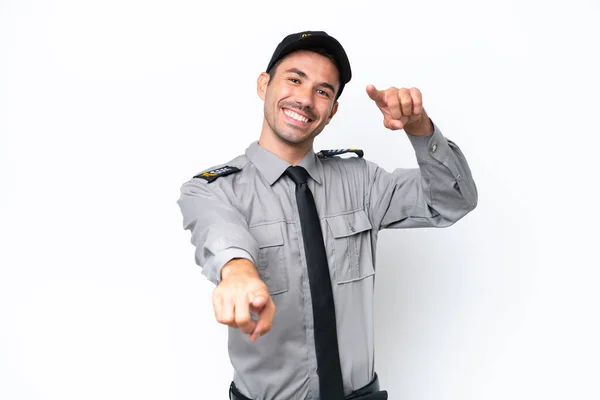 Young Safeguard Man Isolated White Background Points Finger You While — Stock Photo, Image