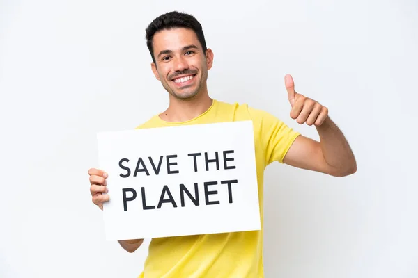 Jovem Homem Bonito Sobre Fundo Branco Isolado Segurando Cartaz Com — Fotografia de Stock