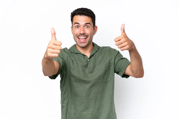 Joven Hombre Guapo Sobre Fondo Blanco Aislado Dando Gesto Pulgares — Foto de Stock