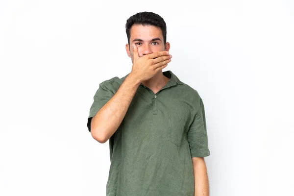 Young Handsome Man Isolated White Background Covering Mouth Hand — Stock Photo, Image