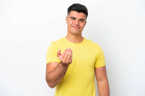 Young Caucasian Handsome Man Isolated White Background Inviting Come Hand — Stok fotoğraf