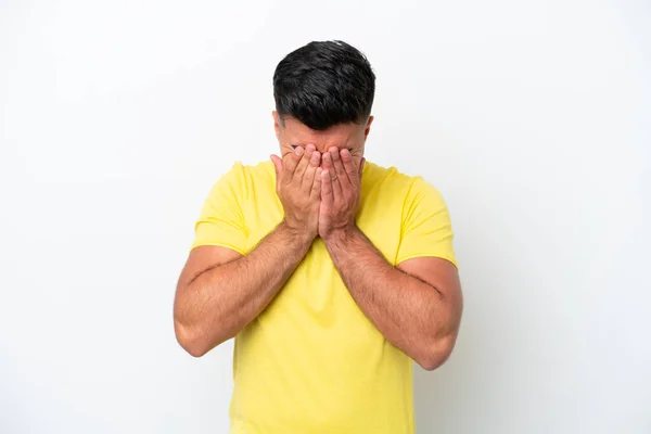 Jovem Caucasiano Bonito Homem Isolado Fundo Branco Com Expressão Cansada — Fotografia de Stock