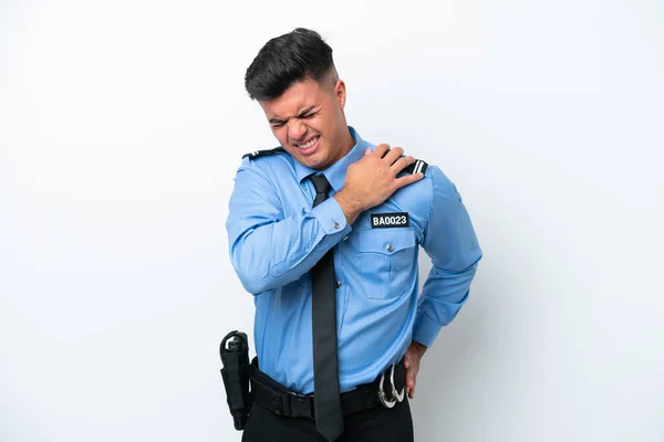 Young Police Caucasian Man Isolated White Background Suffering Pain Shoulder — Stockfoto