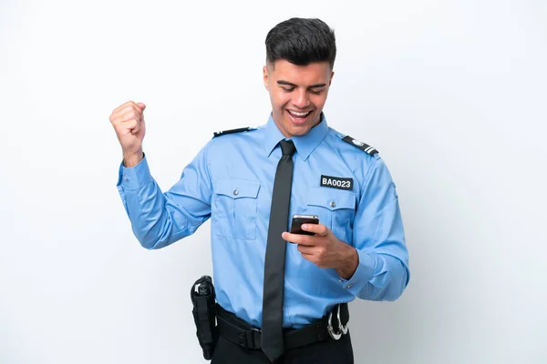 Young Police Caucasian Man Isolated White Background Surprised Sending Message — Zdjęcie stockowe