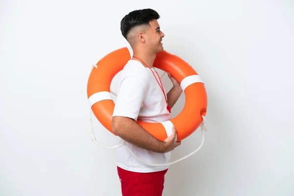 Young Handsome Man Isolated White Background Lifeguard Equipment Happy Expression — 스톡 사진