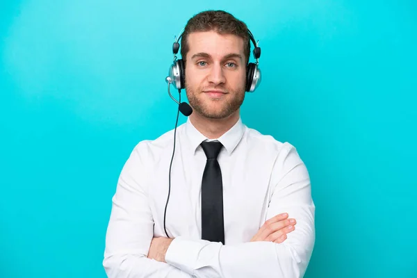 Telemarketer Caucasian Man Working Headset Isolated Blue Background Keeping Arms — ストック写真