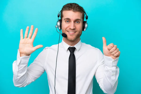 Telemarketer Caucasian Man Working Headset Isolated Blue Background Counting Six — ストック写真
