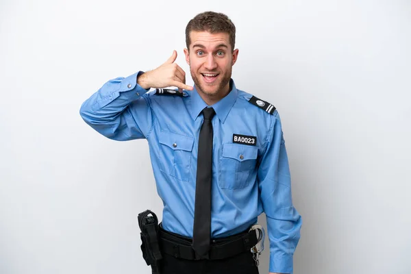 Young Police Caucasian Man Isolated White Background Making Phone Gesture —  Fotos de Stock