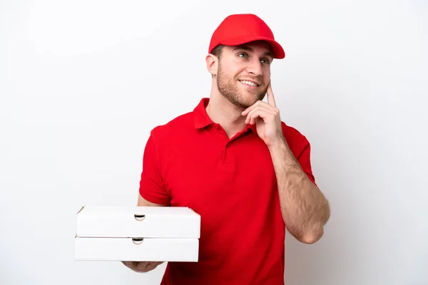 Pizza Levering Kaukasische Man Met Werk Uniform Pick Pizza Dozen — Stockfoto