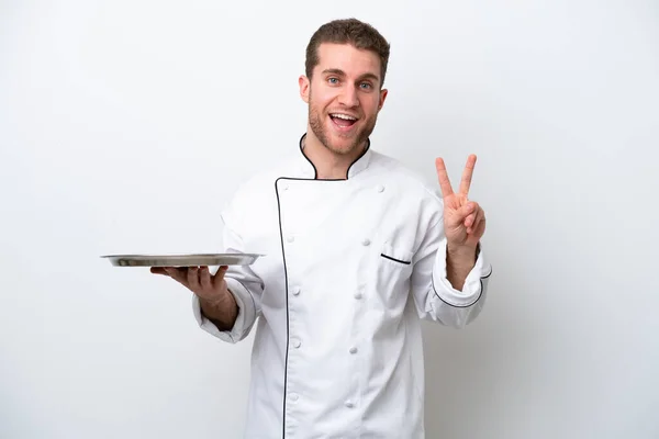 Young Caucasian Chef Tray Isolated White Background Smiling Showing Victory — 스톡 사진