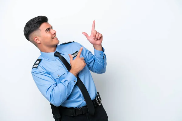 Молодий Поліцейський Білий Чоловік Ізольований Білому Тлі Вказуючи Індексний Палець — стокове фото