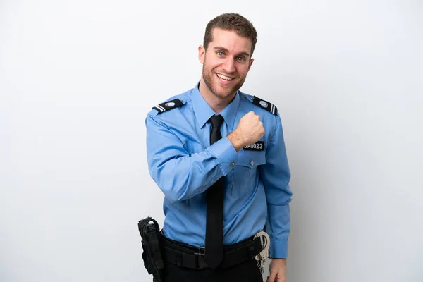 Jonge Politie Blanke Man Geïsoleerd Witte Achtergrond Vieren Van Een — Stockfoto