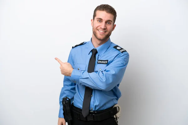 Young Police Caucasian Man Isolated White Background Pointing Back — Stockfoto