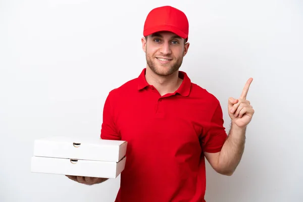 Homem Caucasiano Entrega Pizza Com Uniforme Trabalho Pegando Caixas Pizza — Fotografia de Stock