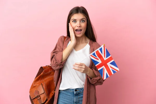 Young Caucasian Woman Holding United Kingdom Flag Isolated Pink Background — ストック写真