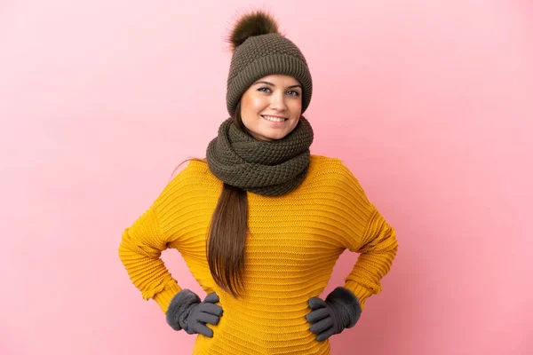 Young Caucasian Girl Winter Hat Isolated Pink Background Posing Arms — Stock Photo, Image
