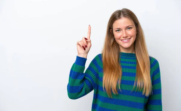 Jonge Kaukasische Vrouw Geïsoleerd Witte Achtergrond Wijzend Een Geweldig Idee — Stockfoto