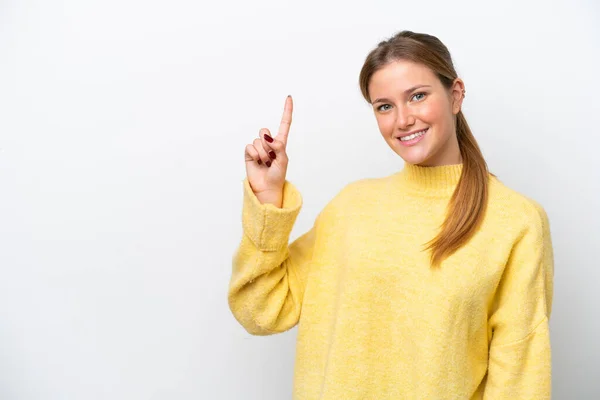 Jonge Blanke Vrouw Geïsoleerd Witte Achtergrond Tonen Heffen Van Een — Stockfoto