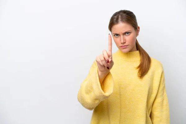 Ung Kaukasiska Kvinna Isolerad Vit Bakgrund Räkna Med Allvarliga Uttryck — Stockfoto